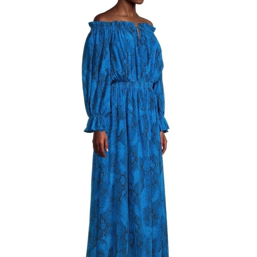 Elie Tahari Blue Silk Snakeskin Print Off Shoulder Maxi Dress M NWT$495 MSR